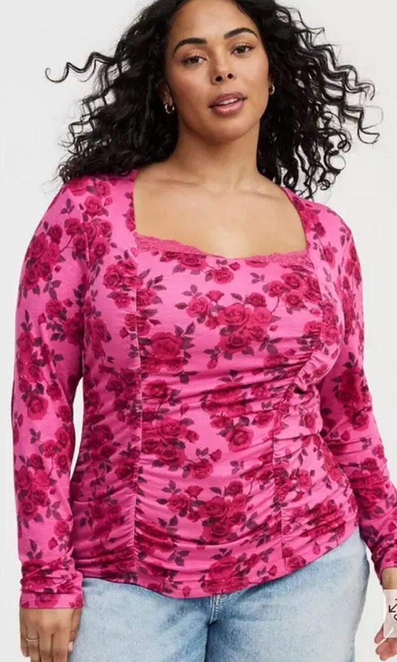 NWT Torrid 0 Size Large Slinky Knit Long Sleeve Shirred Lace Neck Top
